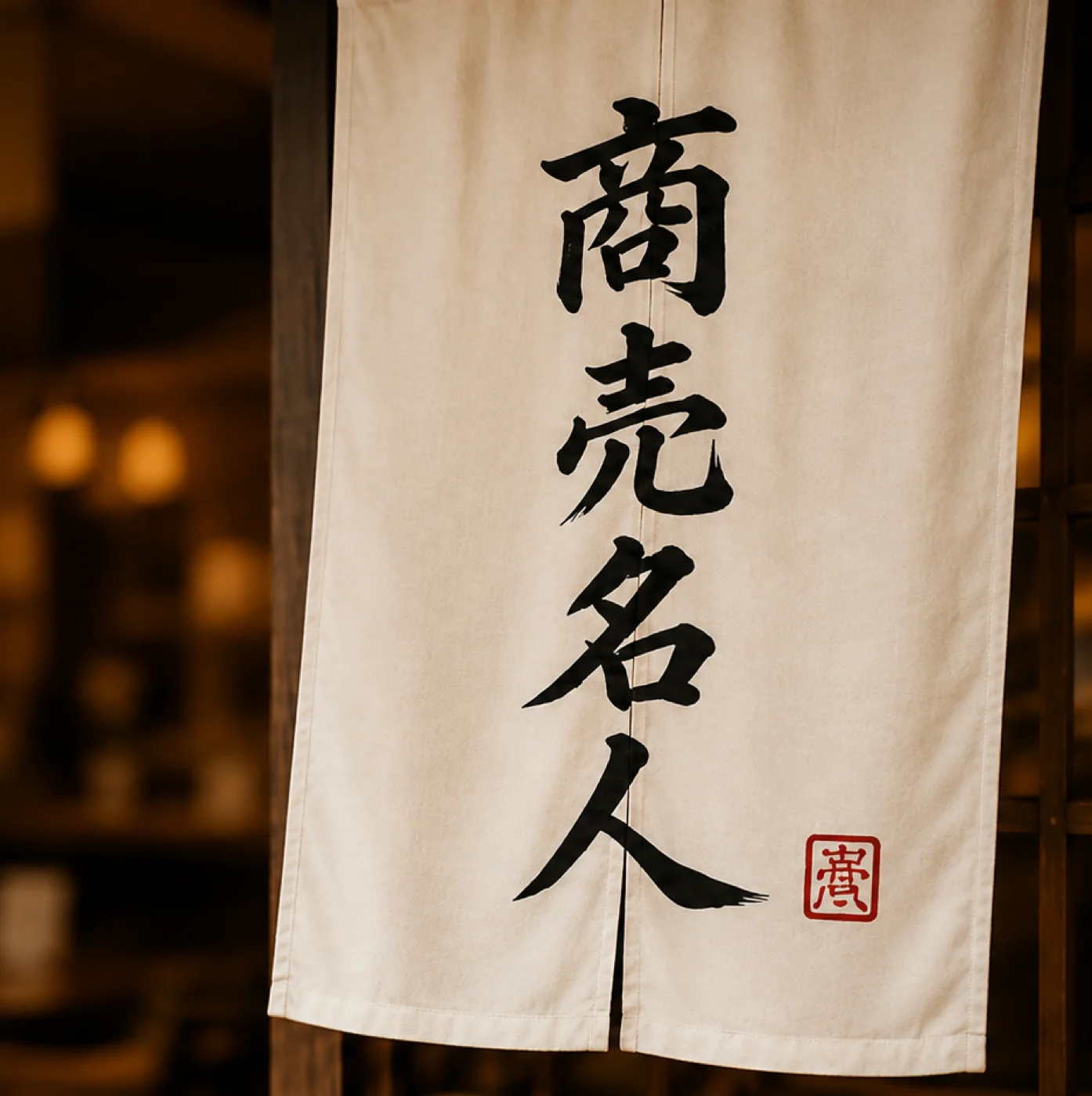 暖簾に染め抜かれた「商売名人」の文字